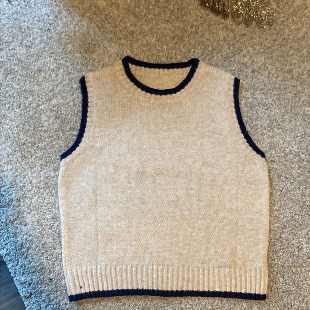 Women’s  Beige Sweater Vest with Navy Trim